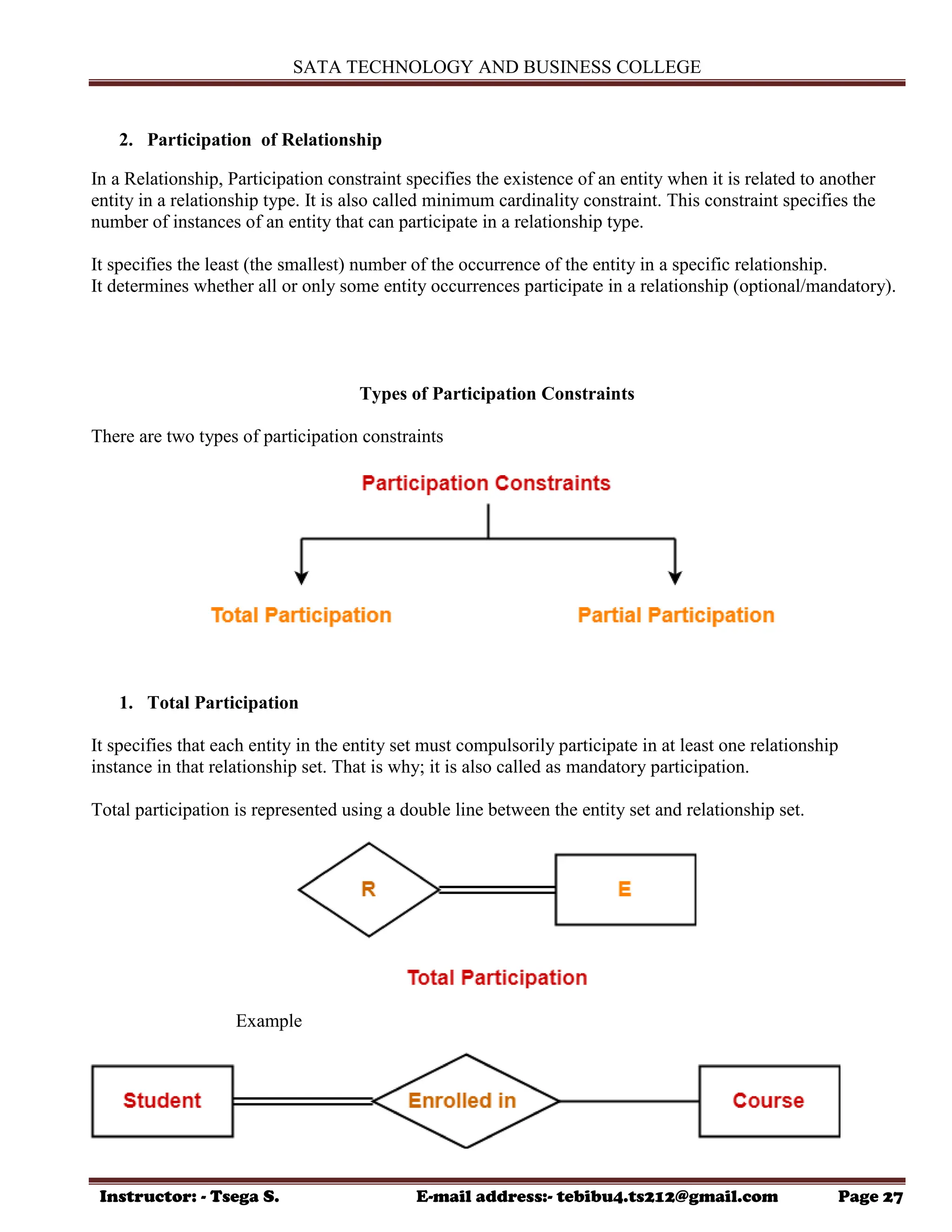 SATA TECHNOLOGY AND BUSINESS COLLEGE
Instructor: - Tsega S. E-mail address:- tebibu4.ts212@gmail.com Page 27
2. Participation of Relationship
In a Relationship, Participation constraint specifies the existence of an entity when it is related to another
entity in a relationship type. It is also called minimum cardinality constraint. This constraint specifies the
number of instances of an entity that can participate in a relationship type.
It specifies the least (the smallest) number of the occurrence of the entity in a specific relationship.
It determines whether all or only some entity occurrences participate in a relationship (optional/mandatory).
Types of Participation Constraints
There are two types of participation constraints
1. Total Participation
It specifies that each entity in the entity set must compulsorily participate in at least one relationship
instance in that relationship set. That is why; it is also called as mandatory participation.
Total participation is represented using a double line between the entity set and relationship set.
Example
 
