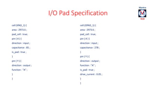 I/O Pad Specification 
cell (IPAD_1) { 
area : 2973.6 ; 
pad_cell : true; 
pin ( A ) { 
direction : input ; 
capacitance : 85 ; 
is_pad : true ; 
} 
pin ( Y ) { 
direction : output ; 
function : "A" ; 
} 
} 
cell (OPAD_1) { 
area : 2973.6 ; 
pad_cell : true; 
pin ( A ) { 
direction : input ; 
capacitance : 278 ; 
} 
pin ( Y ) { 
direction : output ; 
function : "A" ; 
is_pad : true ; 
drive_current : 0.05 ; 
} 
} 
 