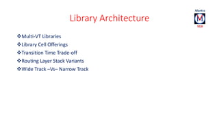 Library Architecture 
Multi-VT Libraries 
Library Cell Offerings 
Transition Time Trade-off 
Routing Layer Stack Variants 
Wide Track –Vs– Narrow Track 
 