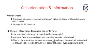 Cell orientation & information 
Orientations : 
 The default orientation is "vertically and face up" - N (North). Rotate by 90deg clockwise to 
get E, S and W. 
 flip to get FN, FE, FS and FW. 
The cell placement format represents (x,y) 
placement of cells (may be undefined for some cells). 
 optional fixed status and optional spatial orientation of each cells. 
Files in placement format have extension .pl and are to be used with standard 
cell layuot (.scl) files and [multi-file] specifications of hypergraph with pins. 
 