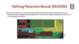 Defining Placement Bounds (REGIONS) 
A placement bound is a constraint that controls the placement of groups of leaf cells and 
hierarchical cells. It allows you to group cells to minimize wire length and place the cells at the 
most appropriate locations. 
 