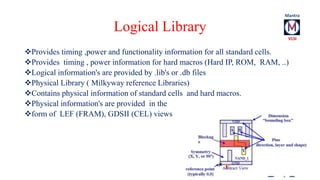 Logical Library 
Provides timing ,power and functionality information for all standard cells. 
Provides timing , power i...