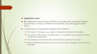  Application Layer
 An application layer protocol defines how application processes (clients
and servers), running on di...