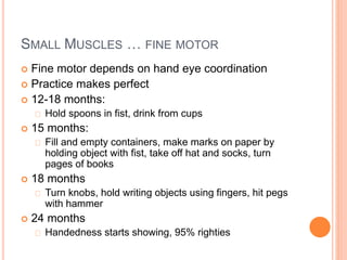 SMALL MUSCLES … FINE MOTOR 
 Fine motor depends on hand eye coordination 
 Practice makes perfect 
 12-18 months: 
Hold spoons in fist, drink from cups 
 15 months: 
Fill and empty containers, make marks on paper by 
holding object with fist, take off hat and socks, turn 
pages of books 
 18 months 
Turn knobs, hold writing objects using fingers, hit pegs 
with hammer 
 24 months 
Handedness starts showing, 95% righties 
