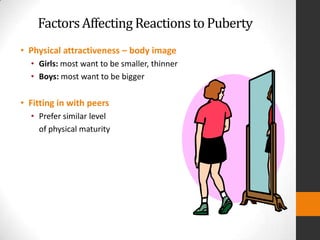 Factors Affecting Reactions to Puberty
• Physical attractiveness – body image
  • Girls: most want to be smaller, thinner
  • Boys: most want to be bigger

• Fitting in with peers
  • Prefer similar level
    of physical maturity
 