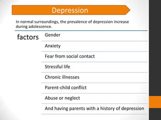 Depression
In normal surroundings, the prevalence of depression increase
during adolescence.
               Gender
factors
               Anxiety

               Fear from social contact

               Stressful life

               Chronic illnesses

               Parent-child conflict

               Abuse or neglect

               And having parents with a history of depression
 