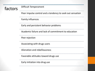 Difficult Temperament
factors
          Poor impulse control and a tendency to seek out sensation

          Family influences

          Early and persistent behavior problems

          Academic failure and lack of commitment to education

          Peer rejection

          Associating with drugs users

          Alienation and rebelliousness

          Favorable attitudes toward drugs use

          Early initiation into drug use
 