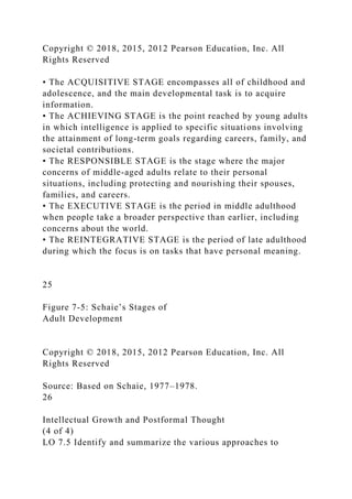 Copyright © 2018, 2015, 2012 Pearson Education, Inc. All
Rights Reserved
• The ACQUISITIVE STAGE encompasses all of childhood and
adolescence, and the main developmental task is to acquire
information.
• The ACHIEVING STAGE is the point reached by young adults
in which intelligence is applied to specific situations involving
the attainment of long-term goals regarding careers, family, and
societal contributions.
• The RESPONSIBLE STAGE is the stage where the major
concerns of middle-aged adults relate to their personal
situations, including protecting and nourishing their spouses,
families, and careers.
• The EXECUTIVE STAGE is the period in middle adulthood
when people take a broader perspective than earlier, including
concerns about the world.
• The REINTEGRATIVE STAGE is the period of late adulthood
during which the focus is on tasks that have personal meaning.
25
Figure 7-5: Schaie’s Stages of
Adult Development
Copyright © 2018, 2015, 2012 Pearson Education, Inc. All
Rights Reserved
Source: Based on Schaie, 1977–1978.
26
Intellectual Growth and Postformal Thought
(4 of 4)
LO 7.5 Identify and summarize the various approaches to
 