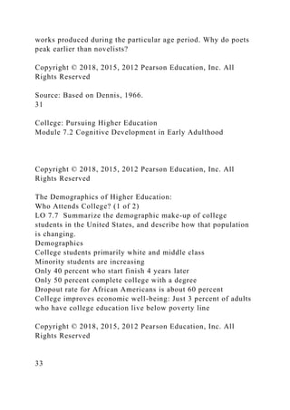 works produced during the particular age period. Why do poets
peak earlier than novelists?
Copyright © 2018, 2015, 2012 Pearson Education, Inc. All
Rights Reserved
Source: Based on Dennis, 1966.
31
College: Pursuing Higher Education
Module 7.2 Cognitive Development in Early Adulthood
Copyright © 2018, 2015, 2012 Pearson Education, Inc. All
Rights Reserved
The Demographics of Higher Education:
Who Attends College? (1 of 2)
LO 7.7 Summarize the demographic make-up of college
students in the United States, and describe how that population
is changing.
Demographics
College students primarily white and middle class
Minority students are increasing
Only 40 percent who start finish 4 years later
Only 50 percent complete college with a degree
Dropout rate for African Americans is about 60 percent
College improves economic well-being: Just 3 percent of adults
who have college education live below poverty line
Copyright © 2018, 2015, 2012 Pearson Education, Inc. All
Rights Reserved
33
 