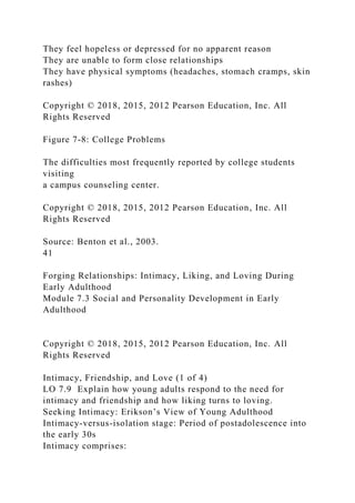 They feel hopeless or depressed for no apparent reason
They are unable to form close relationships
They have physical symptoms (headaches, stomach cramps, skin
rashes)
Copyright © 2018, 2015, 2012 Pearson Education, Inc. All
Rights Reserved
Figure 7-8: College Problems
The difficulties most frequently reported by college students
visiting
a campus counseling center.
Copyright © 2018, 2015, 2012 Pearson Education, Inc. All
Rights Reserved
Source: Benton et al., 2003.
41
Forging Relationships: Intimacy, Liking, and Loving During
Early Adulthood
Module 7.3 Social and Personality Development in Early
Adulthood
Copyright © 2018, 2015, 2012 Pearson Education, Inc. All
Rights Reserved
Intimacy, Friendship, and Love (1 of 4)
LO 7.9 Explain how young adults respond to the need for
intimacy and friendship and how liking turns to loving.
Seeking Intimacy: Erikson’s View of Young Adulthood
Intimacy-versus-isolation stage: Period of postadolescence into
the early 30s
Intimacy comprises:
 