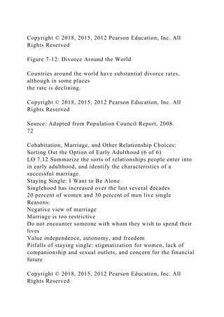 Copyright © 2018, 2015, 2012 Pearson Education, Inc. All
Rights Reserved
Figure 7-12: Divorce Around the World
Countries around the world have substantial divorce rates,
although in some places
the rate is declining.
Copyright © 2018, 2015, 2012 Pearson Education, Inc. All
Rights Reserved
Source: Adapted from Population Council Report, 2008.
72
Cohabitation, Marriage, and Other Relationship Choices:
Sorting Out the Option of Early Adulthood (6 of 6)
LO 7.12 Summarize the sorts of relationships people enter into
in early adulthood, and identify the characteristics of a
successful marriage.
Staying Single: I Want to Be Alone
Singlehood has increased over the last several decades
20 percent of women and 30 percent of men live single
Reasons:
Negative view of marriage
Marriage is too restrictive
Do not encounter someone with whom they wish to spend their
lives
Value independence, autonomy, and freedom
Pitfalls of staying single: stigmatization for women, lack of
companionship and sexual outlets, and concern for the financial
future
Copyright © 2018, 2015, 2012 Pearson Education, Inc. All
Rights Reserved
 