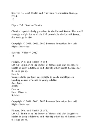Source: National Health and Nutrition Examination Survey,
2014.
10
Figure 7-3: First in Obesity
Obesity is particularly prevalent in the United States. The world
average weight for adults is 137 pounds; in the United States,
the average is 180.
Copyright © 2018, 2015, 2012 Pearson Education, Inc. All
Rights Reserved
Source: Walpole, 2012.
11
Fitness, Diet, and Health (4 of 5)
LO 7.2 Summarize the impact of fitness and diet on general
health in early adulthood and identify other health hazards for
this age group.
Health
Young adults are least susceptible to colds and illnesses
Leading causes of death in young adults:
Accidents
AIDS
Cancer
Heart Disease
Suicide
Copyright © 2018, 2015, 2012 Pearson Education, Inc. All
Rights Reserved
Fitness, Diet, and Health (5 of 5)
LO 7.2 Summarize the impact of fitness and diet on general
health in early adulthood and identify other health hazards for
this age group.
 