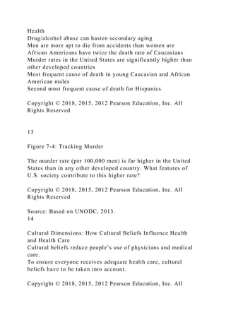 Health
Drug/alcohol abuse can hasten secondary aging
Men are more apt to die from accidents than women are
African Americans have twice the death rate of Caucasians
Murder rates in the United States are significantly higher than
other developed countries
Most frequent cause of death in young Caucasian and African
American males
Second most frequent cause of death for Hispanics
Copyright © 2018, 2015, 2012 Pearson Education, Inc. All
Rights Reserved
13
Figure 7-4: Tracking Murder
The murder rate (per 100,000 men) is far higher in the United
States than in any other developed country. What features of
U.S. society contribute to this higher rate?
Copyright © 2018, 2015, 2012 Pearson Education, Inc. All
Rights Reserved
Source: Based on UNODC, 2013.
14
Cultural Dimensions: How Cultural Beliefs Influence Health
and Health Care
Cultural beliefs reduce people’s use of physicians and medical
care.
To ensure everyone receives adequate health care, cultural
beliefs have to be taken into account.
Copyright © 2018, 2015, 2012 Pearson Education, Inc. All
 