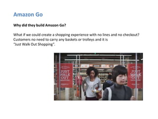 Why did they build Amazon Go?
What if we could create a shopping experience with no lines and no checkout?
Customers no ne...