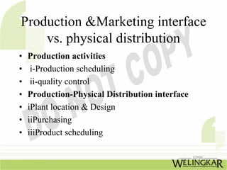 Production &Marketing interface
    vs. physical distribution
•   Production activities
•    i-Production scheduling
•    ii-quality control
•   Production-Physical Distribution interface
•   iPlant location & Design
•   iiPurchasing
•   iiiProduct scheduling
 