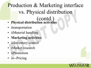 Production & Marketing interface
    vs. Physical distribution
            (contd.)
•   Physical distribution activities
•   itransportation
•   iiMaterial handling
•   Marketing activities
•   iiiInventory control
•   iMarket research
•   iiPromotion
•   iii--Pricing
 