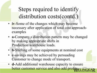 Steps required to identify
      distribution costs(contd.)
• iv-Some of the changes which may become
  necessary after application of total cost approach-
  examples
• a-Company,s distribution pattern may be changed
  by making appropriate shifts in
  Productionwarehouse loads.
• b-Shifting of some equipments at nominal cost
• c-savings may be achieved by persuading
  Customer to change mode of transport.
• d-Add additional warehouse capacity to ensure
  better customer service and also add profits.
 
