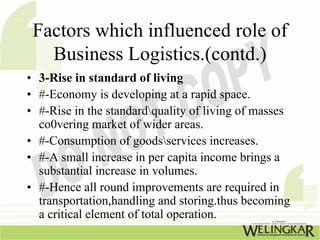 Factors which influenced role of
   Business Logistics.(contd.)
• 3-Rise in standard of living
• #-Economy is developing a...