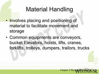 Material Handling
• Involves placing and positioning of
  material to facilitate movement and
  storage
• Common equipments are conveyors,
  bucket Elevators, hoists, lifts, cranes,
  forklifts, trolleys, dumpers, trailors, trucks



                               Chapter 2 Physical Distribution
 