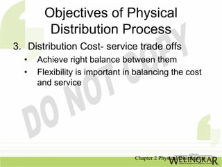 Objectives of Physical
         Distribution Process
3. Distribution Cost- service trade offs
  •   Achieve right balance between them
  •   Flexibility is important in balancing the cost
      and service




                                 Chapter 2 Physical Distribution
 