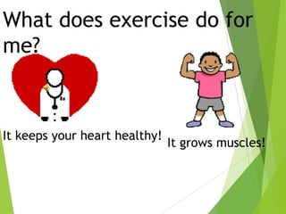 What does exercise do for
me?

It keeps your heart healthy!

It grows muscles!

 