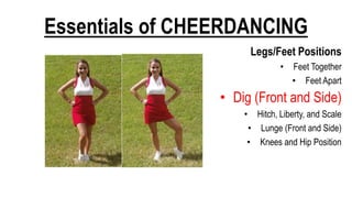 Essentials of CHEERDANCING
Legs/Feet Positions
• Feet Together
• Feet Apart
• Dig (Front and Side)
• Hitch, Liberty, and Scale
• Lunge (Front and Side)
• Knees and Hip Position
 