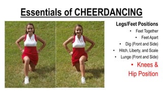 Essentials of CHEERDANCING
Legs/Feet Positions
• Feet Together
• Feet Apart
• Dig (Front and Side)
• Hitch, Liberty, and Scale
• Lunge (Front and Side)
• Knees &
Hip Position
 