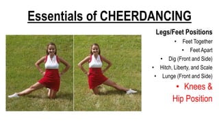 Essentials of CHEERDANCING
Legs/Feet Positions
• Feet Together
• Feet Apart
• Dig (Front and Side)
• Hitch, Liberty, and Scale
• Lunge (Front and Side)
• Knees &
Hip Position
 