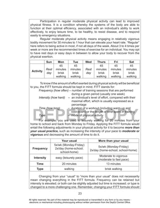 23
DEPED COPY
Participation in regular moderate physical activity can lead to improved
physical fitness. It is a condition whereby the systems of the body are able to
function at their optimal efficiency, associated with an individual’s ability to work
effectively, to enjoy leisure time, to be healthy, to resist disease, and to respond
easily to emergency situations.
Regular moderate physical activity means engaging in relatively vigorous
bodily movement for 30 minutes to 1 hour that can elevate your heart rate. “Regular”
here refers to being active in most, if not all days of the week. About 3 to 4 times per
week or more are the recommended times of exercise for an individual. You may opt
to have rest days or easy days in between to allow your body to recover from the
physical exertion.
Sun Mon Tue Wed Thurs Fri Sat
Activity
Rest
day
45
minutes
brisk
walking
45
minutes
brisk
walking
Rest
day
45
minutes
brisk
walking
45
minutes
brisk
walking
45
minutes
brisk
walking
To know if the amount of effort exerted during physical activity will be beneficial
to you, the FITT formula should be kept in mind. FITT stands for:
Frequency (how often) – number of training sessions that are performed
during a given period (usually one week)
Intensity (how hard) – an individual’s level of effort, compared with their
maximal effort, which is usually expressed as a
percentage
Time (how long) – duration of a workout (including warm-up and
cool-down) or the length of time spent in training
Type – mode of physical activity
For example, you are used to leisurely walking for 20 minutes from your
home to school and back from Monday to Friday. Applying the FITT formula would
entail the following adjustments in your physical activity for it to become more than
your usual practice, such as increasing the intensity of your pace to moderate or
vigorous and decreasing the amount of time to do it.
Your usual More than your usual
Frequency
5x/wk (Monday-Friday)
2x/day (home-school;
school-home)
5x/wk (Monday-Friday)
2x/day (home-school; school-home)
Intensity easy (leisurely pace)
Moderate to vigorous
(moderate to fast pace)
Time 20 minutes 13 minutes
Type walking brisk walking
Changing from your “usual” to “more than your usual” does not necessarily
mean changing everything in the FITT formula. Frequency can be retained but
intensity is elevated; or both can be slightly adjusted but time is increased; or type is
changed to a more challenging one. Remember, changing your FITT formula should
All rights reserved. No part of this material may be reproduced or transmitted in any form or by any means -
electronic or mechanical including photocopying without written permission from the DepEd Central Office.
 