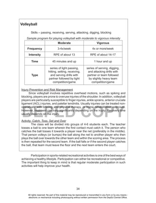 34
DEPED COPY
Volleyball
Skills – passing, receiving, serving, attacking, digging, blocking
Sample program for playing volleyball with moderate to vigorous intensity
Moderate Vigorous
Frequency 3-4x/week 4x or more/week
Intensity RPE of about 13 RPE of about 14-17
Time 45 minutes and up 1 hour and up
Type
series of light passing,
hitting, setting, receiving,
and serving drills with
partner followed by light
competition/game
series of serving, digging,
and attacking drills with
partner or team followed
by slightly heavy team
competition/game
Injury Prevention and Risk Management
Since volleyball involves repetitive overhead motions, such as spiking and
blocking, players are prone to overuse injuries of the shoulder. In addition, volleyball
players are particularly susceptible to finger injuries, ankle sprains, anterior cruciate
ligament (ACL) injuries, and patellar tendinitis. Usually injuries can be treated non-
operatively with bracing and physical therapy, or home rehabilitation exercises.
However, treatment can vary significantly depending on the injury. Recovery time
usually depends on the injury.
Activity: Catch, Toss, Set and Over
The class will be divided into groups of 4-6 students each. The teacher
tosses a ball to one team wherein the first contact must catch it. The person who
catches the ball tosses it towards a player near the net (preferably in the middle).
That person volleys (or bumps) the ball along the net to another player who then
plays the ball over towards the other team and within the scoring area. The process
is then repeated for the second team. If the ball falls or if the second player catches
the ball, that team must leave the floor and the next team enters the court.
Participation in sports-related recreational activities is one ofthe best ways of
achieving a healthy lifestyle. Participation can either be recreational or competitive.
The important thing to keep in mind is that regular moderate participation in such
activities will help improve your health.
All rights reserved. No part of this material may be reproduced or transmitted in any form or by any means -
electronic or mechanical including photocopying without written permission from the DepEd Central Office.
 
