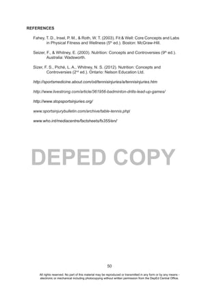 50
DEPED COPY
REFERENCES
Fahey, T. D., Insel, P. M., & Roth, W. T. (2003). Fit & Well: Core Concepts and Labs
in Physical Fitness and Wellness (5th
ed.). Boston: McGraw-Hill.
Seizer, F., & Whitney, E. (2003). Nutrition: Concepts and Controversies (9th
ed.).
Australia: Wadsworth.
Sizer, F. S., Piché, L. A., Whitney, N. S. (2012). Nutrition: Concepts and
Controversies (2nd
ed.). Ontario: Nelson Education Ltd.
http://sportsmedicine.about.com/od/tennisinjuries/a/tennisinjuries.htm
http://www.livestrong.com/article/361956-badminton-drills-lead-up-games/
http://www.stopsportsinjuries.org/
www.sportsinjurybulletin.com/archive/table-tennis.php‎
www.who.int/mediacentre/factsheets/fs355/en/‎
All rights reserved. No part of this material may be reproduced or transmitted in any form or by any means -
electronic or mechanical including photocopying without written permission from the DepEd Central Office.
 