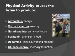  Adrenaline- energy
 Cortisol energy- memory
 Noradrenaline- enhances focus
 Seratonin- attention, mood
 Dopamine- thinking, working memory
 Glucose energy- memory formation
Physical Activity causes the
brain to produce:
 