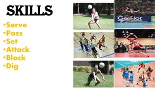 Skills
•Serve
•Pass
•Set
•Attack
•Block
•Dig
 