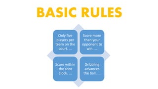 BASIC RULES
Only five
players per
team on the
court. ...
Score more
than your
opponent to
win. ...
Score within
the shot
clock. ...
Dribbling
advances
the ball. ...
 