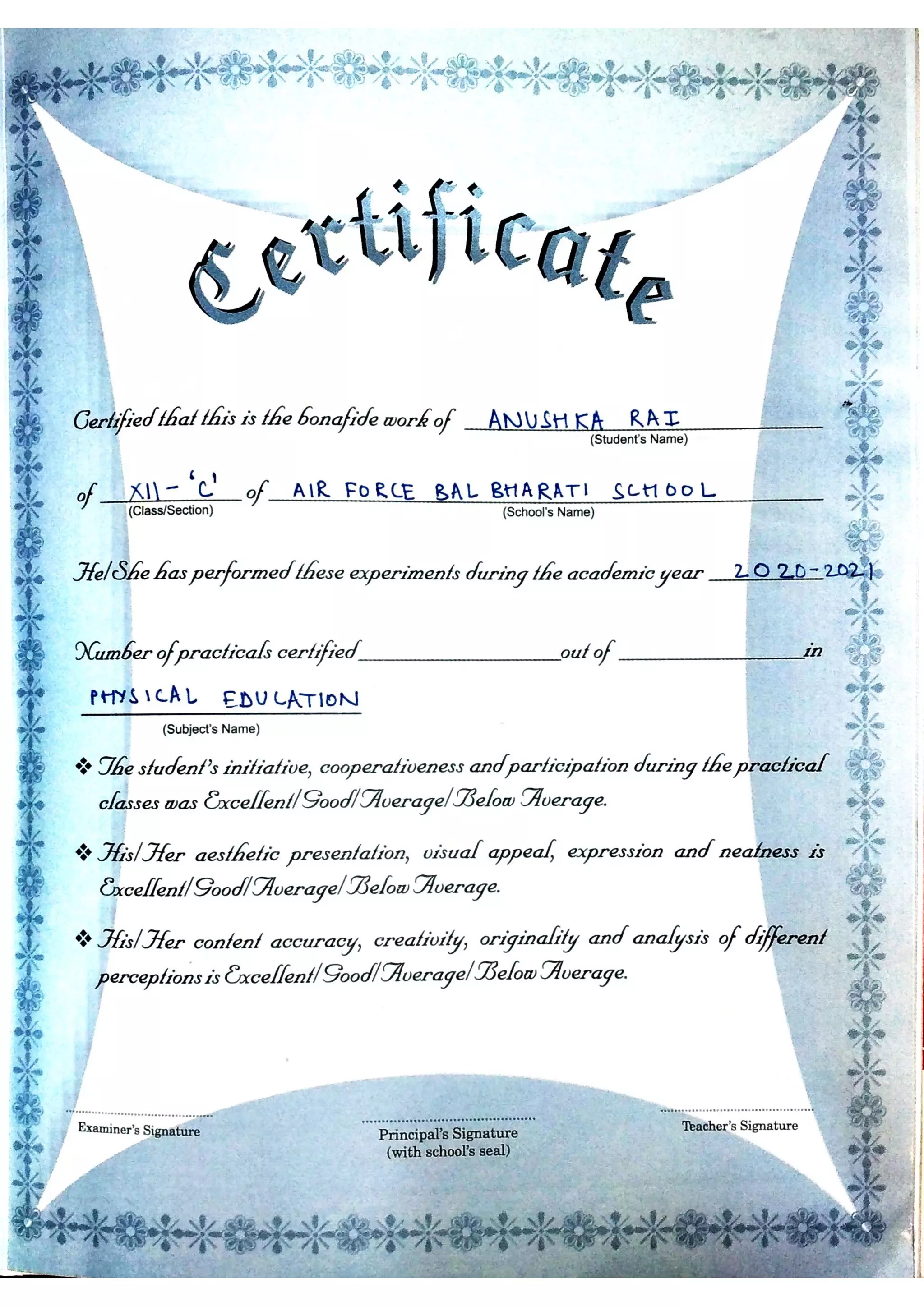 PHYSICAL EDUCATION PRACTICAL FILE ( Class 12th)