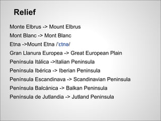 Relief
Monte Elbrus -> Mount Elbrus
Mont Blanc -> Mont Blanc
Etna ->Mount Etna /ˈɛtnə/
Gran Llanura Europea -> Great European Plain
Península Itálica ->Italian Peninsula
Península Ibérica -> Iberian Peninsula
Península Escandinava -> Scandinavian Peninsula
Península Balcánica -> Balkan Peninsula
Península de Jutlandia -> Jutland Peninsula
 