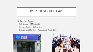 TYPES OF SERVICESCAPE
1. Based on Usage
• Self Service – ATMs, kiosks
• Remote Service – Call centers
• Interpersonal Services – Restaurants, Retail store
 