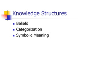 Knowledge Structures
 Beliefs
 Categorization
 Symbolic Meaning
 