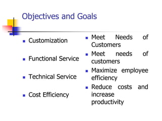 Objectives and Goals
 Customization
 Functional Service
 Technical Service
 Cost Efficiency
 Meet Needs of
Customers
 Meet needs of
customers
 Maximize employee
efficiency
 Reduce costs and
increase
productivity
 