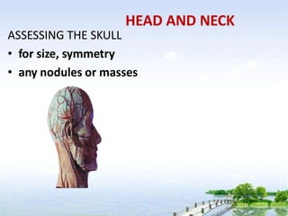 HEAD AND NECK
ASSESSING THE SKULL
• for size, symmetry
• any nodules or masses
 