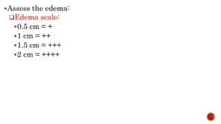 Assess the edema:
Edema scale:
0.5 cm = +
1 cm = ++
1.5 cm = +++
2 cm = ++++
 