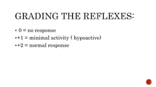  0 = no response
+1 = minimal activity ( hypoactive)
+2 = normal response
 