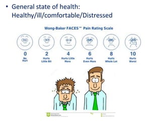 • General state of health:
Healthy/ill/comfortable/Distressed
 