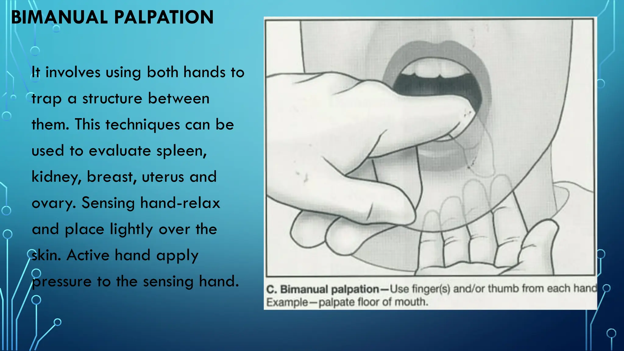 BIMANUAL PALPATION
It involves using both hands to
trap a structure between
them. This techniques can be
used to evaluate spleen,
kidney, breast, uterus and
ovary. Sensing hand-relax
and place lightly over the
skin. Active hand apply
pressure to the sensing hand.
 