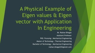 A Physical Example of
Eigen values & Eigen
vector with Application
In Engineering
Mr. Roshan Bhagat
Assistant Professor
PhD. Pursuing : Mechanical Engineering
Master of Technology : Thermal Engineering
Bachelor of Technology : Mechanical Engineering
roshan.bhagat25@gmail.com
 