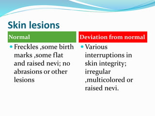 Skin lesions
Normal Deviation from normal
 Freckles ,some birth
marks ,some flat
and raised nevi; no
abrasions or other
lesions
 Various
interruptions in
skin integrity;
irregular
,multicolored or
raised nevi.
 