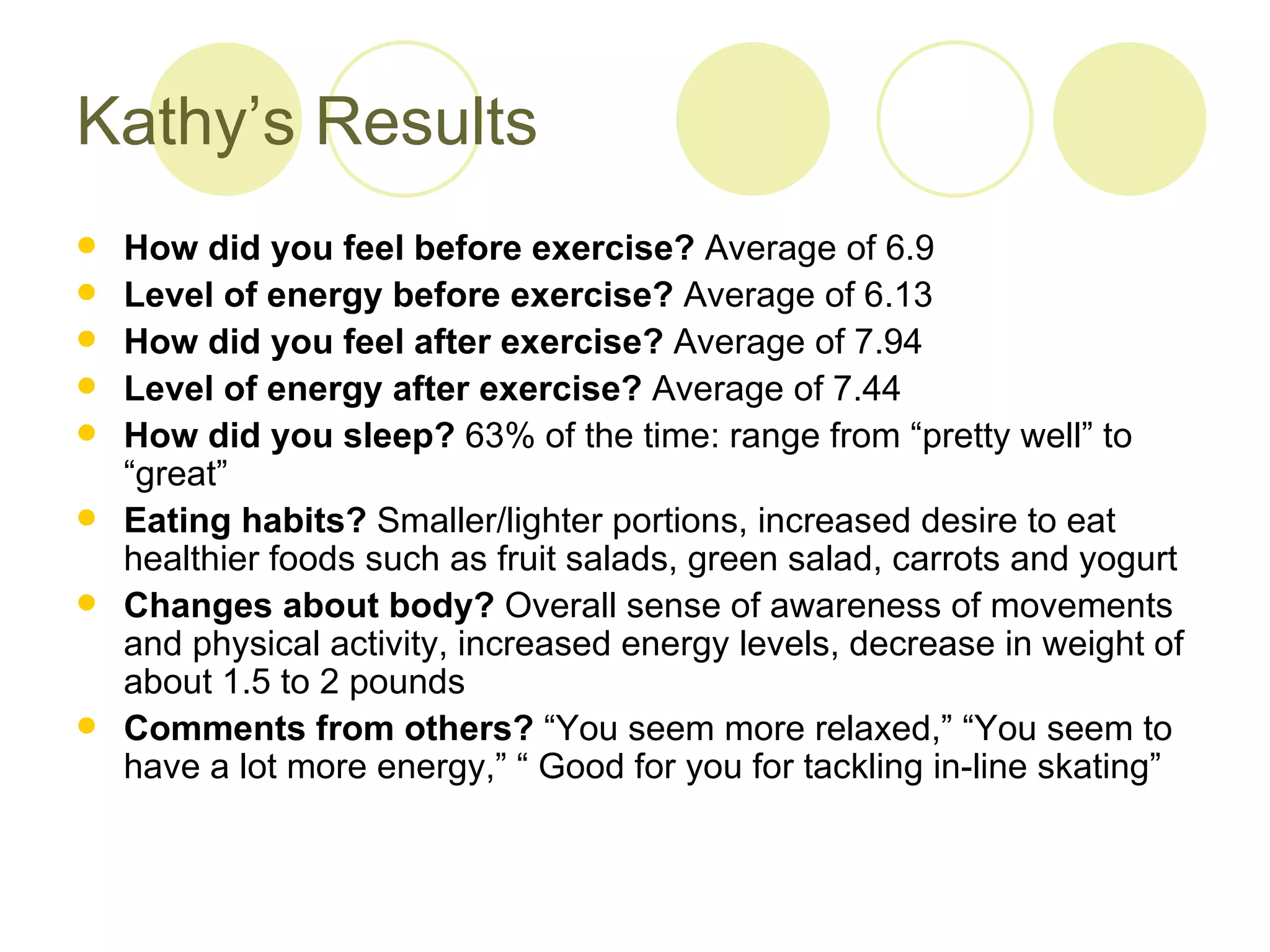 Kathy’s Results
   How did you feel before exercise? Average of 6.9
   Level of energy before exercise? Average of 6.13
   How did you feel after exercise? Average of 7.94
   Level of energy after exercise? Average of 7.44
   How did you sleep? 63% of the time: range from “pretty well” to
    “great”
   Eating habits? Smaller/lighter portions, increased desire to eat
    healthier foods such as fruit salads, green salad, carrots and yogurt
   Changes about body? Overall sense of awareness of movements
    and physical activity, increased energy levels, decrease in weight of
    about 1.5 to 2 pounds
   Comments from others? “You seem more relaxed,” “You seem to
    have a lot more energy,” “ Good for you for tackling in-line skating”
 