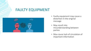 FAULTY EQUIPMENT
▪ Faulty equipment may cause a
distortion in the original
message
▪ May result into
misunderstanding between
parties
▪ Mau cause lack of circulation of
important information
 