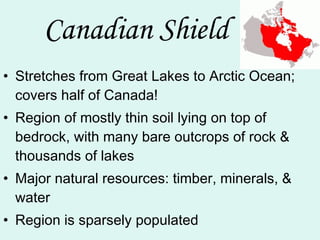 Canadian Shield Stretches from Great Lakes to Arctic Ocean; covers half of Canada! Region of mostly thin soil lying on top of bedrock, with many bare outcrops of rock & thousands of lakes Major natural resources: timber, minerals, & water Region is sparsely populated 
