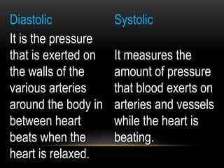 Diastolic Systolic
It is the pressure
that is exerted on
the walls of the
various arteries
around the body in
between heart
beats when the
heart is relaxed.
It measures the
amount of pressure
that blood exerts on
arteries and vessels
while the heart is
beating.
 